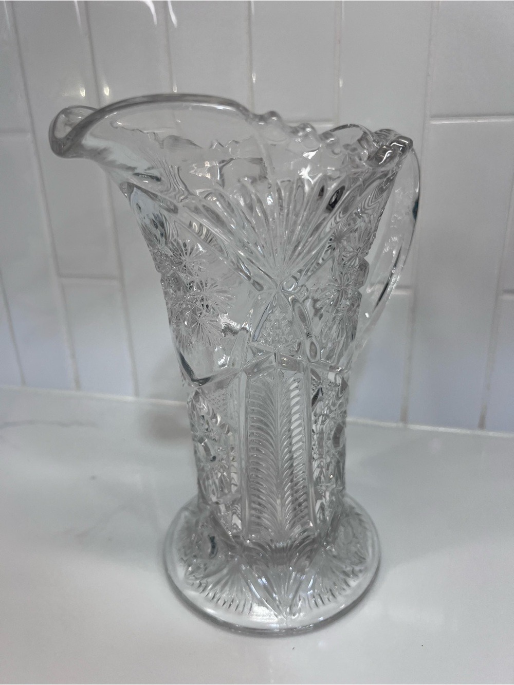 Vintage Pressed Glass 8.5" tall Brilliant Cut Starburst Sawtooth Edge Pitcher - Picture 6 of 10